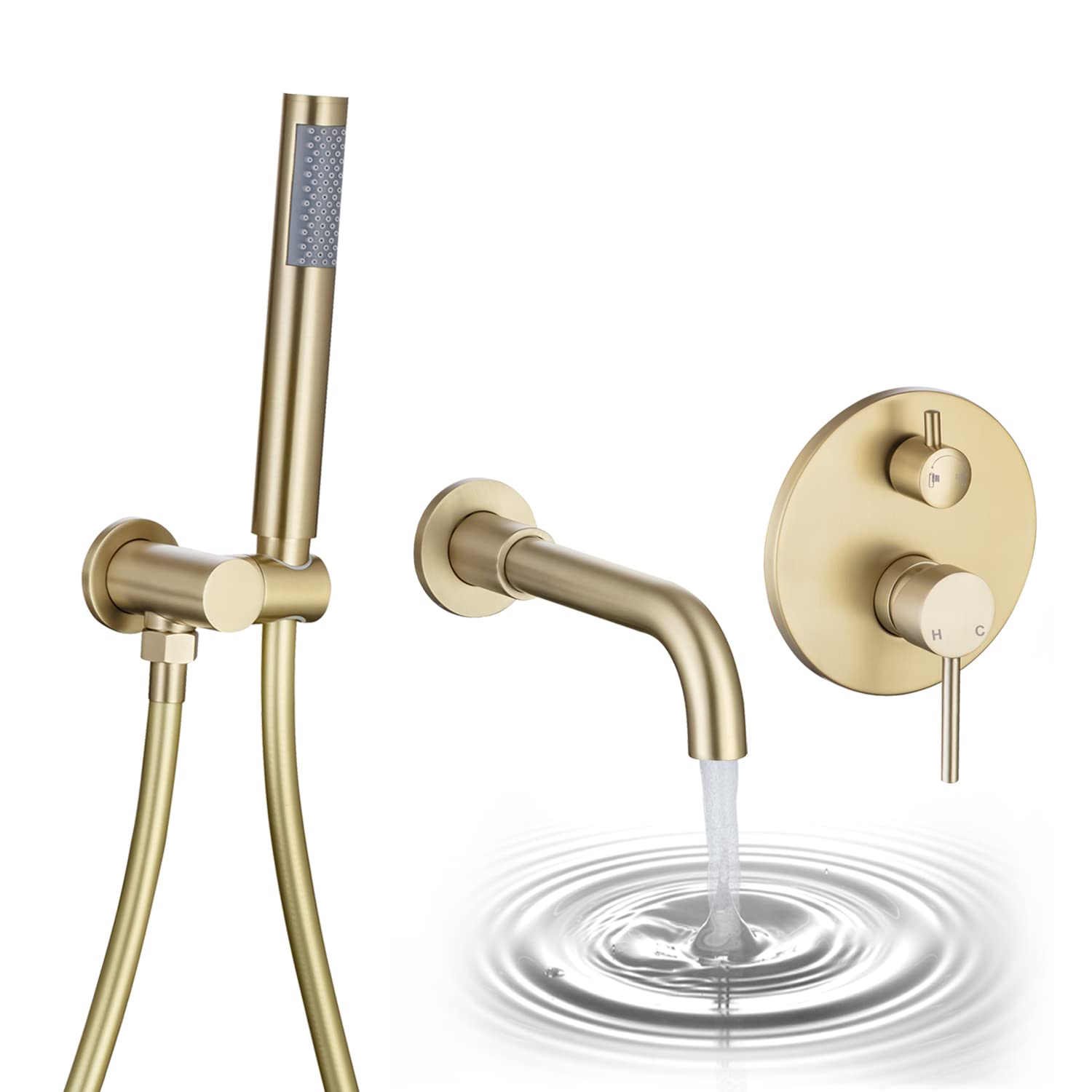 Photo 1 of AZOS Wall Mounted Bathtub Faucet with Handheld Shower, High Flow Rate Tub Filler Faucet Set with 360° Swivel Spout Fixtures, Brushed Gold Waterfall Tub Faucets