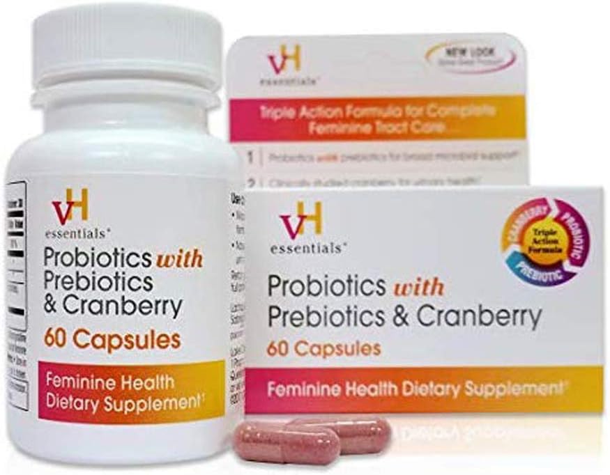 vH essentials Probiotics with Prebiotics and Cranberry Feminine Health Supplement - 60 Capsules: Kitchen & Dining