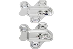 HoJeh SUS304 Stainless Steel Kids Plate Set, 2 Pack Divided Plate, 4 Section Metal Toddler Plates for Baby Dishes/Home/Restau