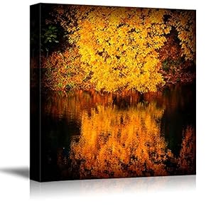 Canvas Prints Wall Art - Autumn Trees Covered with Yellow Foliage Reflected in The Water Nature Beauty | Modern Wall Art Stretched Gallery Canvas Wrap Giclee Print & Ready to Hang - 12" x 12"
