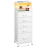WLIVE LED Nightstand with Charging Station, White Dresser with 5 Fabric Drawers for Bedroom, Tall Night Stand with Open Shelves, Bed Side Tables Living Room