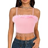 Erinaco Women Sexy Faux Fur Crop Top Sparkle Rhinestone Fringe Feather Trim Strappy Tank Tops Camisole Shirt