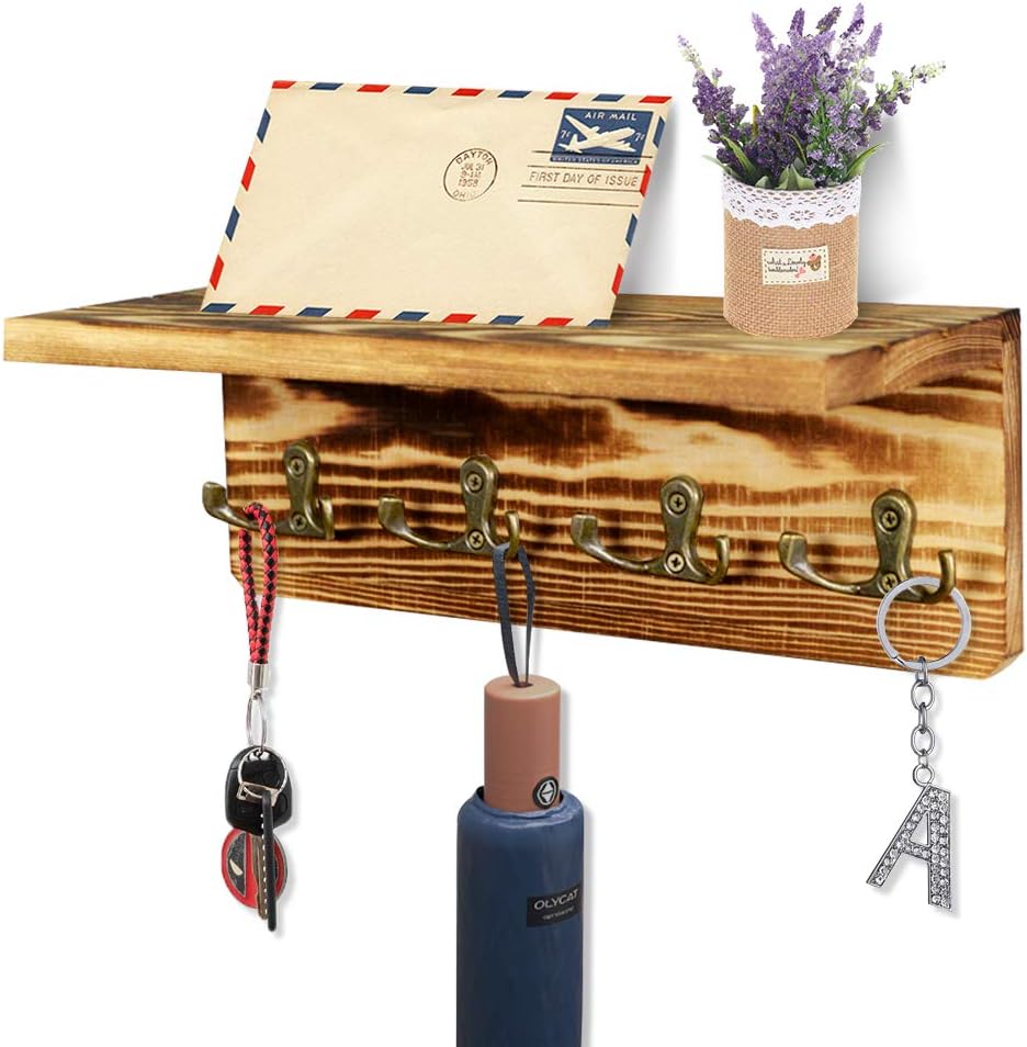 Key Holder for Wall Wooden Key Rack with Shelf Rustic Key Mail Holder Organizer with 4 Dual Key Hooks for Hat Handbags Hanging Coat Rack Hme Decor for Entryway, Bathroom and Kitchen, Fire Color: Home Improvement
