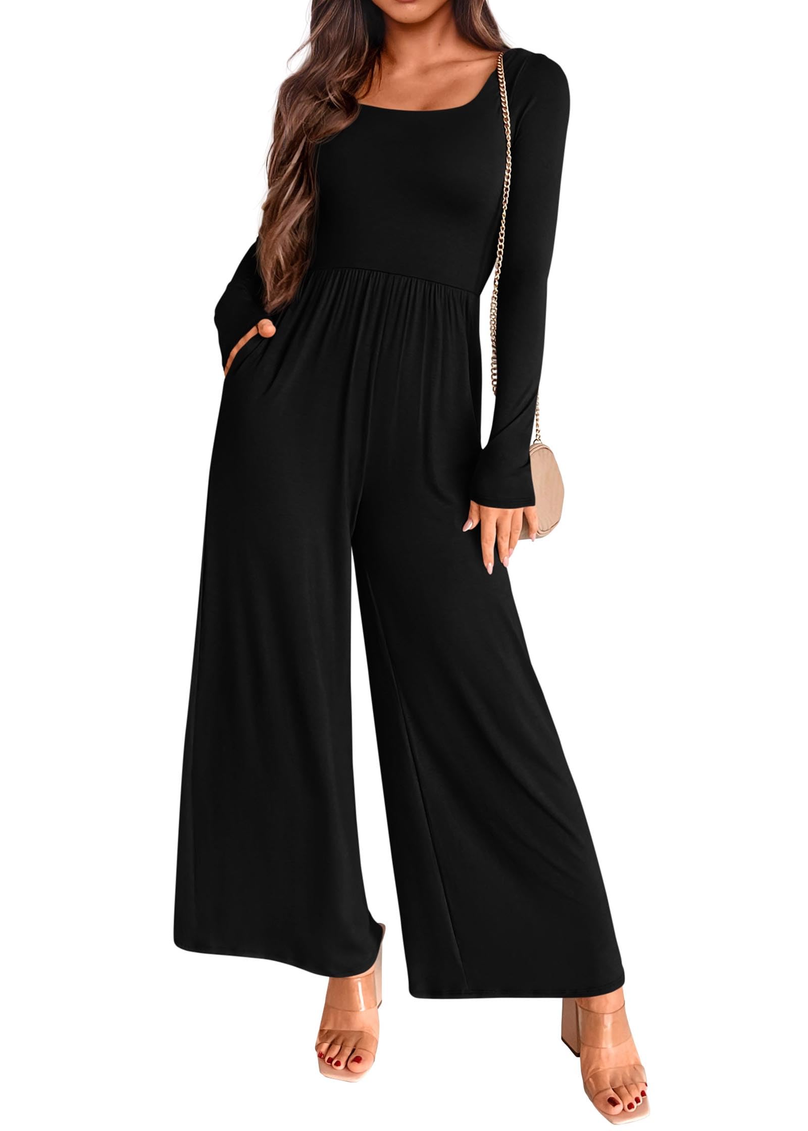 Photo 1 of KIRUNDO Women's 2024 Fall Long Sleeve Wide Leg Jumpsuits Casual Dressy One Piece Square Neck Long Romper With Pockets(Black, X-Small)