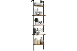 NUMENN Industrial Ladder Shelf, 5 Tier Book Shelf, Open Space Wall Mount Bookshelf with Metal Frame, Sturdy Book Shelves, Bookcase for Living Room, Vintage Brown
