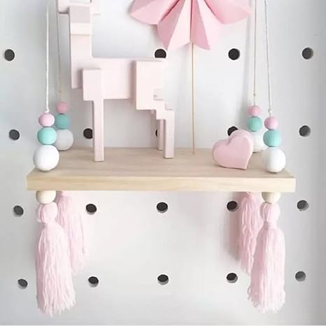 nordic style decorative display stand wall hanging shelf swing rope wooden floating shelves kids room home decor white green pink with pink tassels
