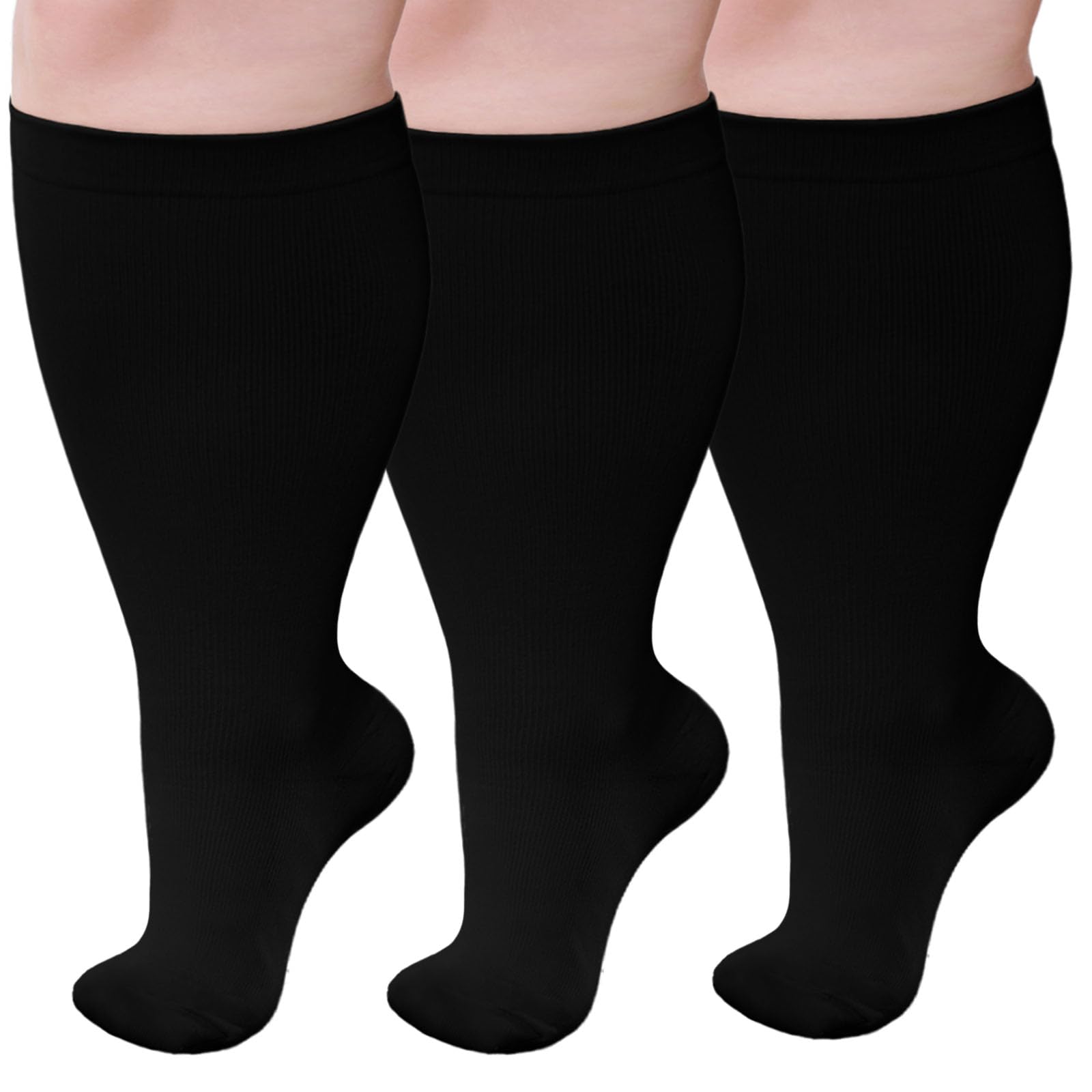 PUTUO Wide Calf Compression Socks: Plus Size Graduated Compression Stockings for Men Women Large Compression Sock for Support Flight Travel Pregnancy Edema Nurses Seniors 20-30 mmHg Black S/M 3Pairs