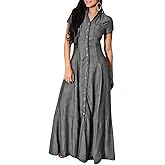 utcoco Womens Short Sleeve Denim Maxi Dress Casual Loose Fit Button Down Long Jean Dresses