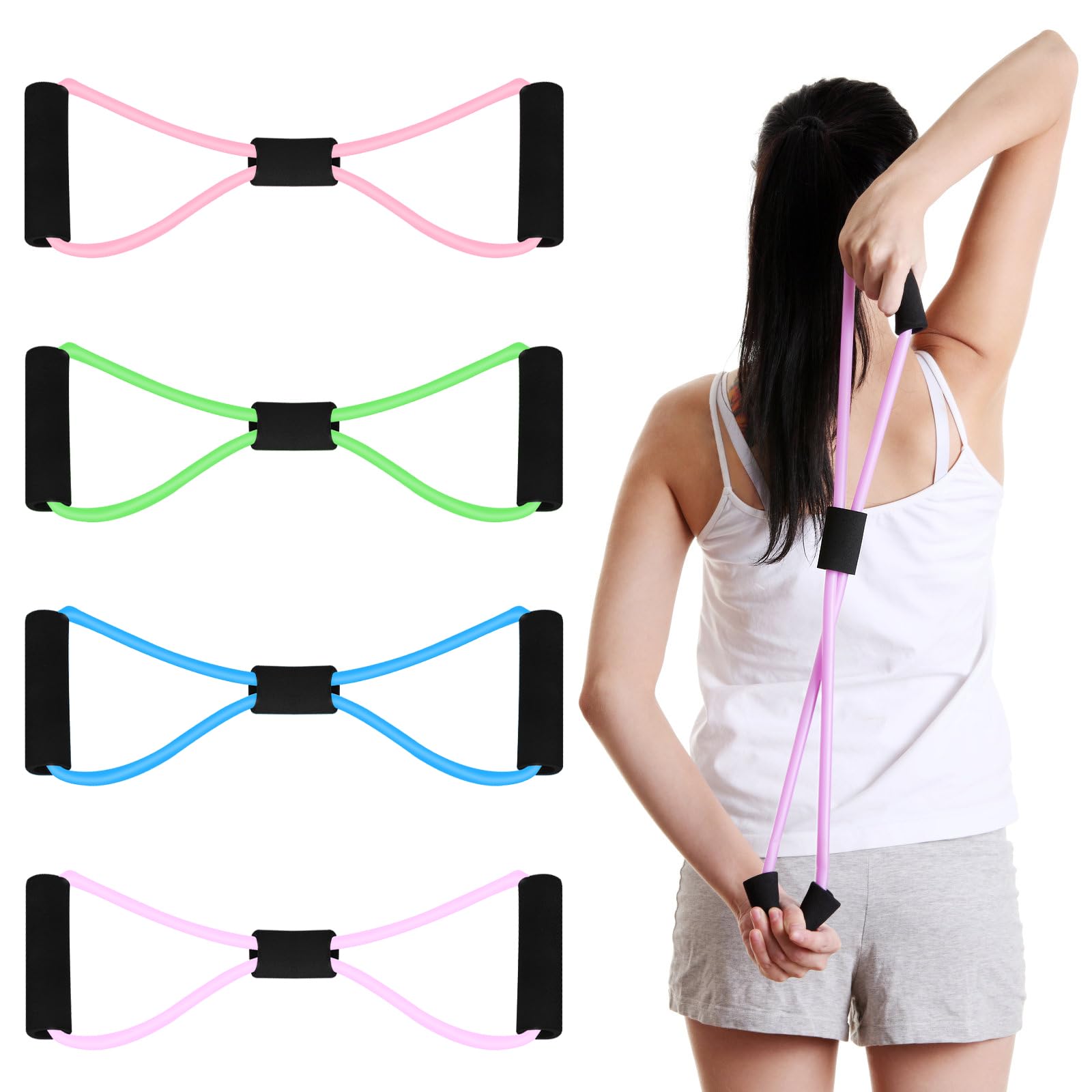 Photo 1 of Figure 8 Shaped Resistance Bands -4-Pack Workout Bands with Handles Figure, 8 Exercise Bands for arm Shoulder Stretching, Leg Stretching, Yoga, Pilates, Home Gym Workout Equipment for Women Men