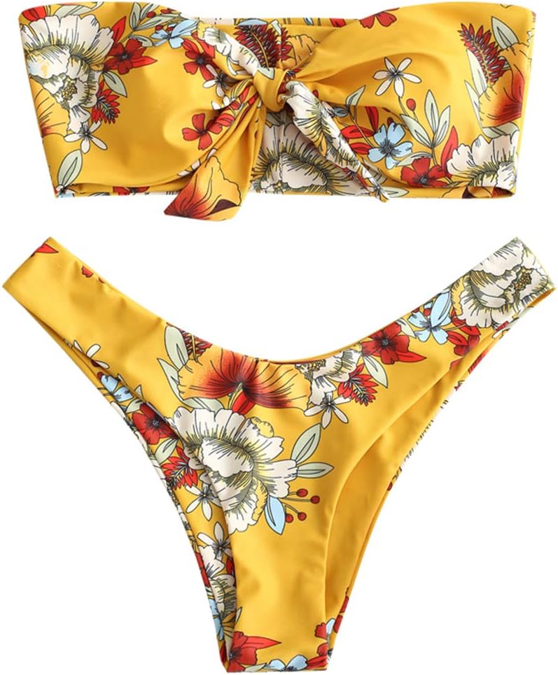 Women's Floral Print Bandeau Bikini Set High Cut Strapless Knot Front Swimsuit Sexy Bathing Suit
