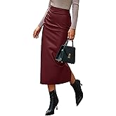BTFBM Skirts for Women Trendy Spring 2026 Elastic Waist Ruched Bodycon Slit Pencil Midi Leather Skirt Bussiness Casual