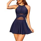 SHEKINI Women's One-Piece Swimsuit Scoop Neck Slim Fit Cutout Mesh Swim Dress