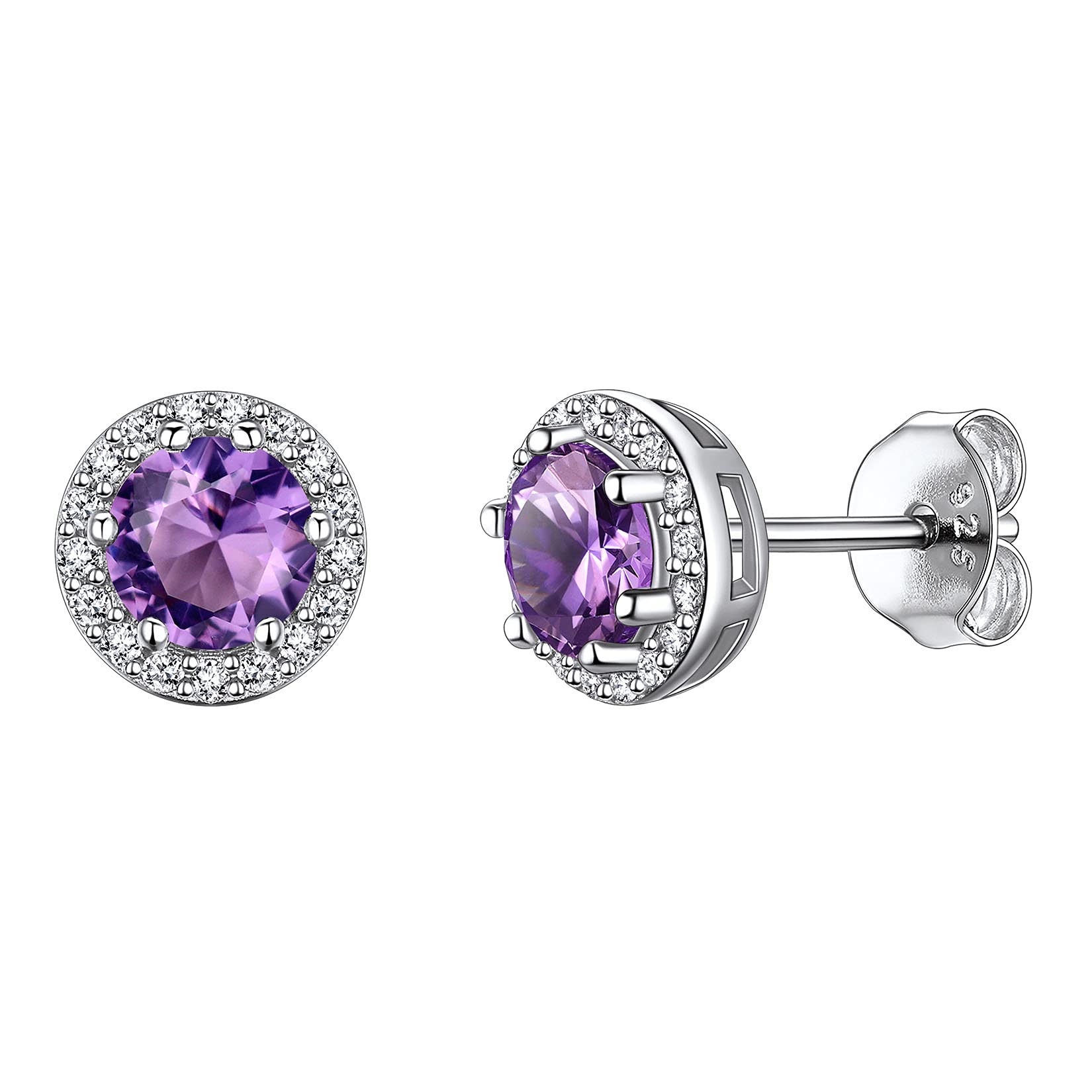 925 Sterling Silver Round Brilliant Cut Cubic Zirconia CZ Stud Earrings Dainty Small Comfortable Simulated Purple Amethyst February Birthstone Hypoallergenic Earrings for Women Girls Teens