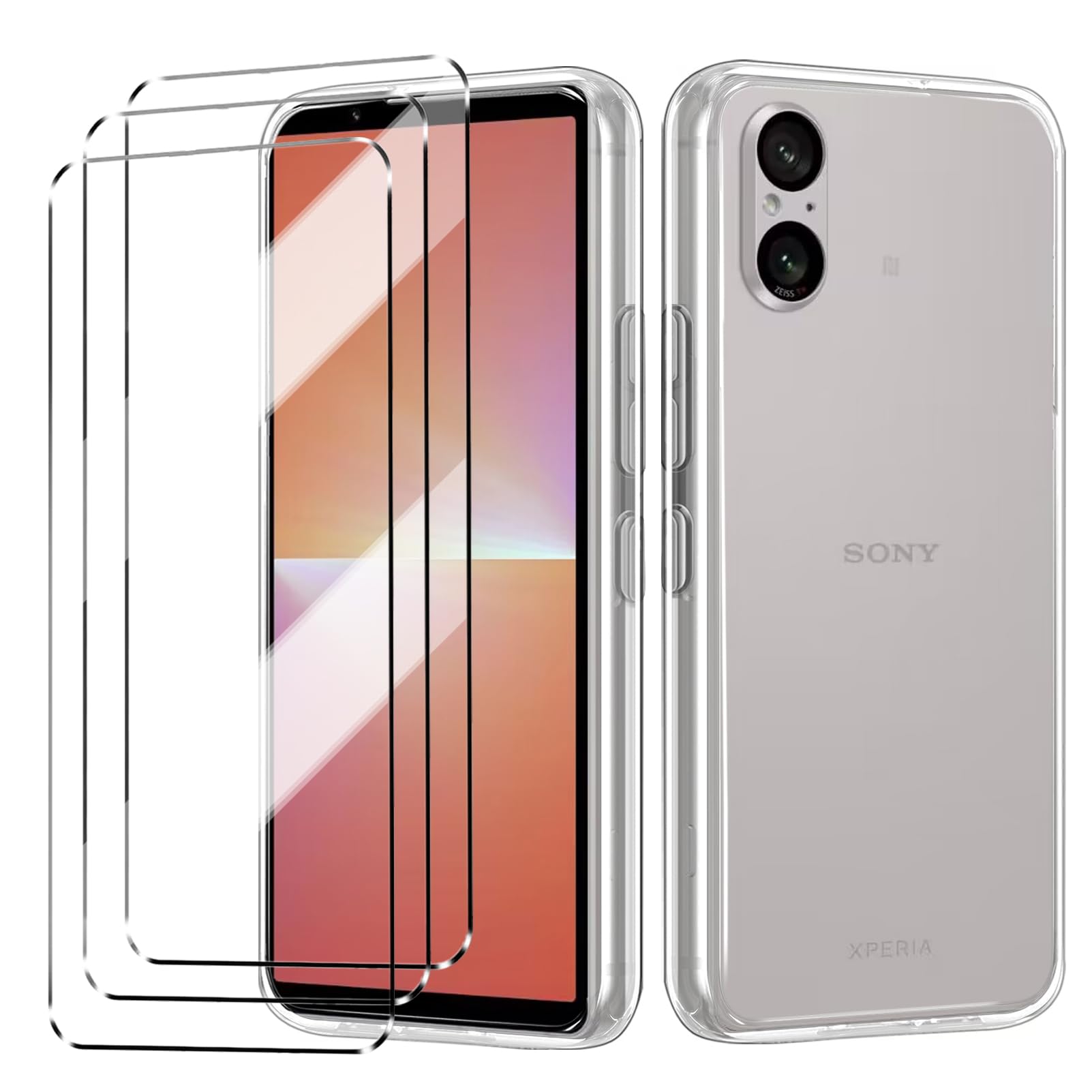 [4 in 1] Case Compatible with Sony Xperia 5 V Cover with 3 Pack Tempered Glass Screen Protector for Sony Xperia 5 V, Slim Fit Soft TPU Shockproof Anti-Scratch Phone Case Cover - Clear
