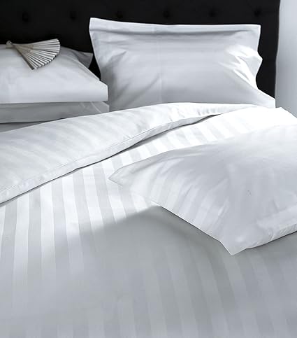 Linenwalas 800 TC Cotton Bedsheet with 2 Pillow Covers - Striped, King Size, White