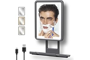Rocollos Heated Fogless Shower Mirror for Shaving, 3 Color Lighted Fogless Mirror, Rechargeable Anti-Fog Shaving Mirror, 360° Fog Free Bathroom Shower Mirror with Storage Shelf for Men