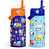SANDJEST Kids Water Bottle with Straw Lid, Pack of 2 Insulated 12 Oz Stainless Steel Water Bottles for Boys, Travel Cup for School Sports, Construction - Transportation