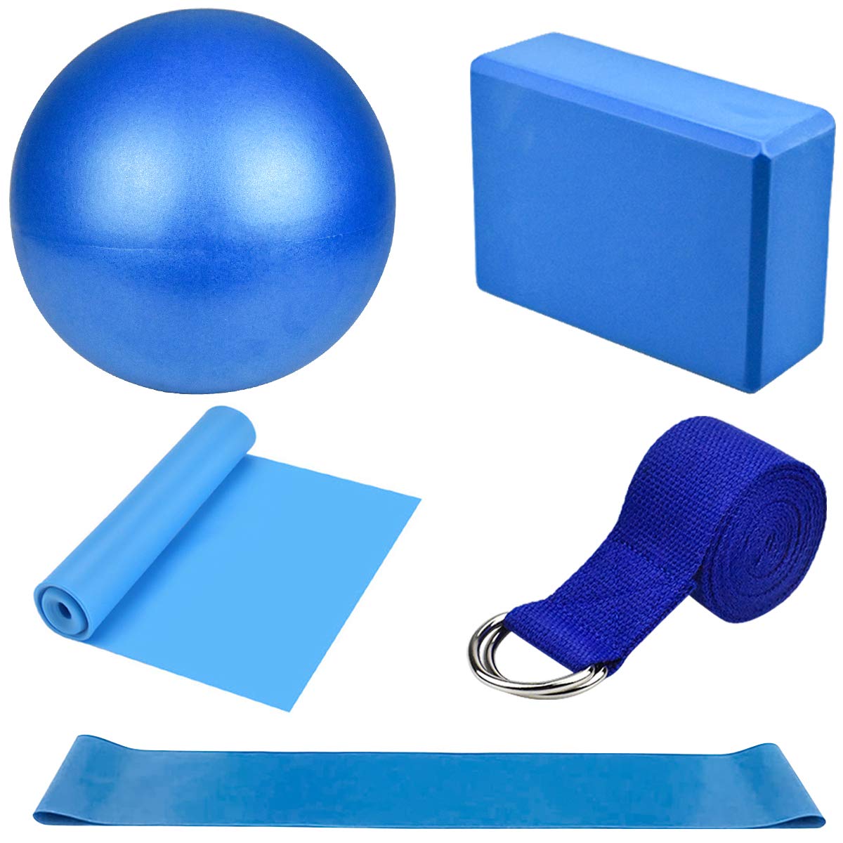 Yoga Starter Kit 5Pcs Blocks, Strap, Pilates Ball, Brick, Resistance Loop Band, Stretching Strap, Pilates Belt - Blue