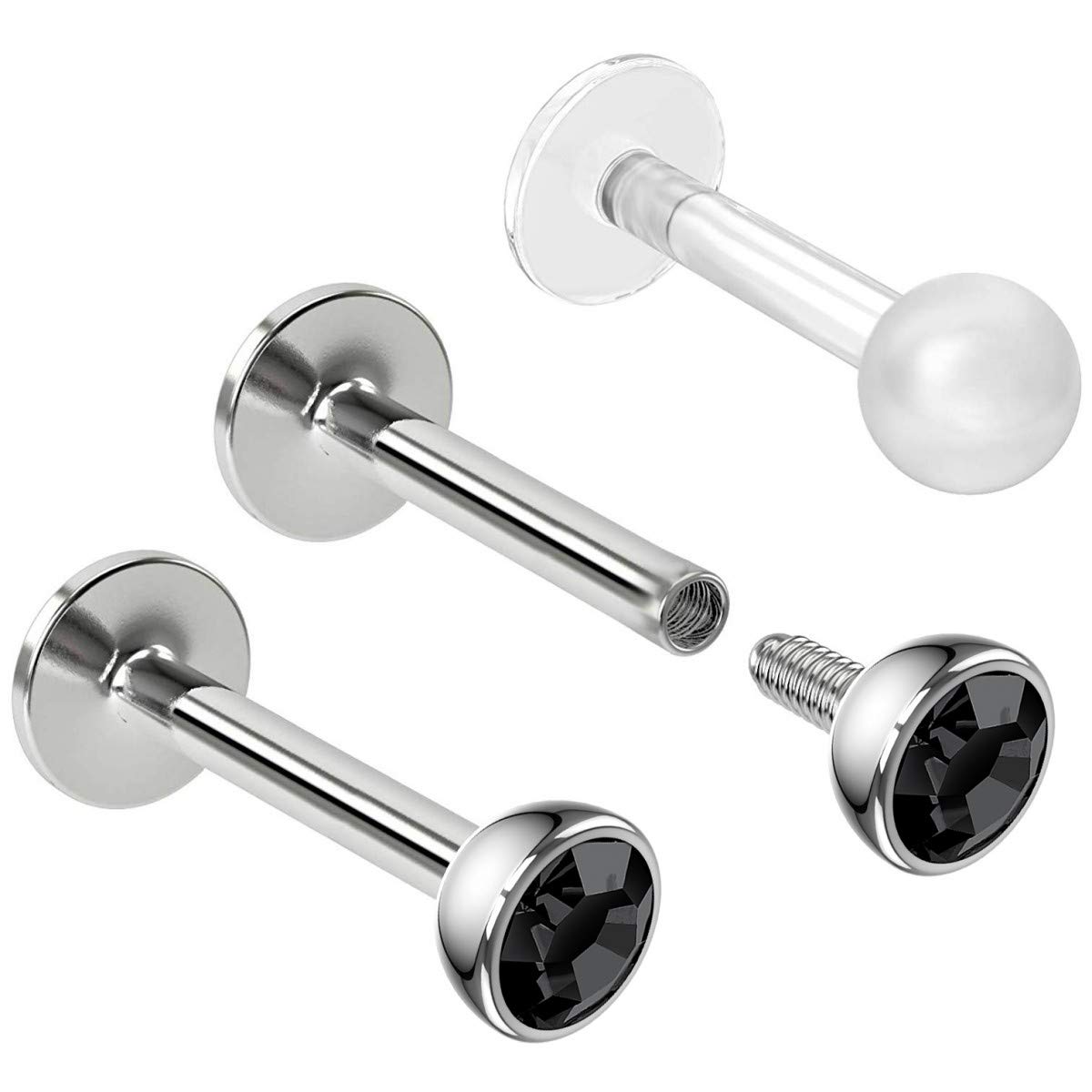 Bling Piercing 3pc 16g 6mm 1/4 Labret Stud Lip Ring Internally Threaded Snake Bite Conch Forward Helix Monroe Tragus Jet