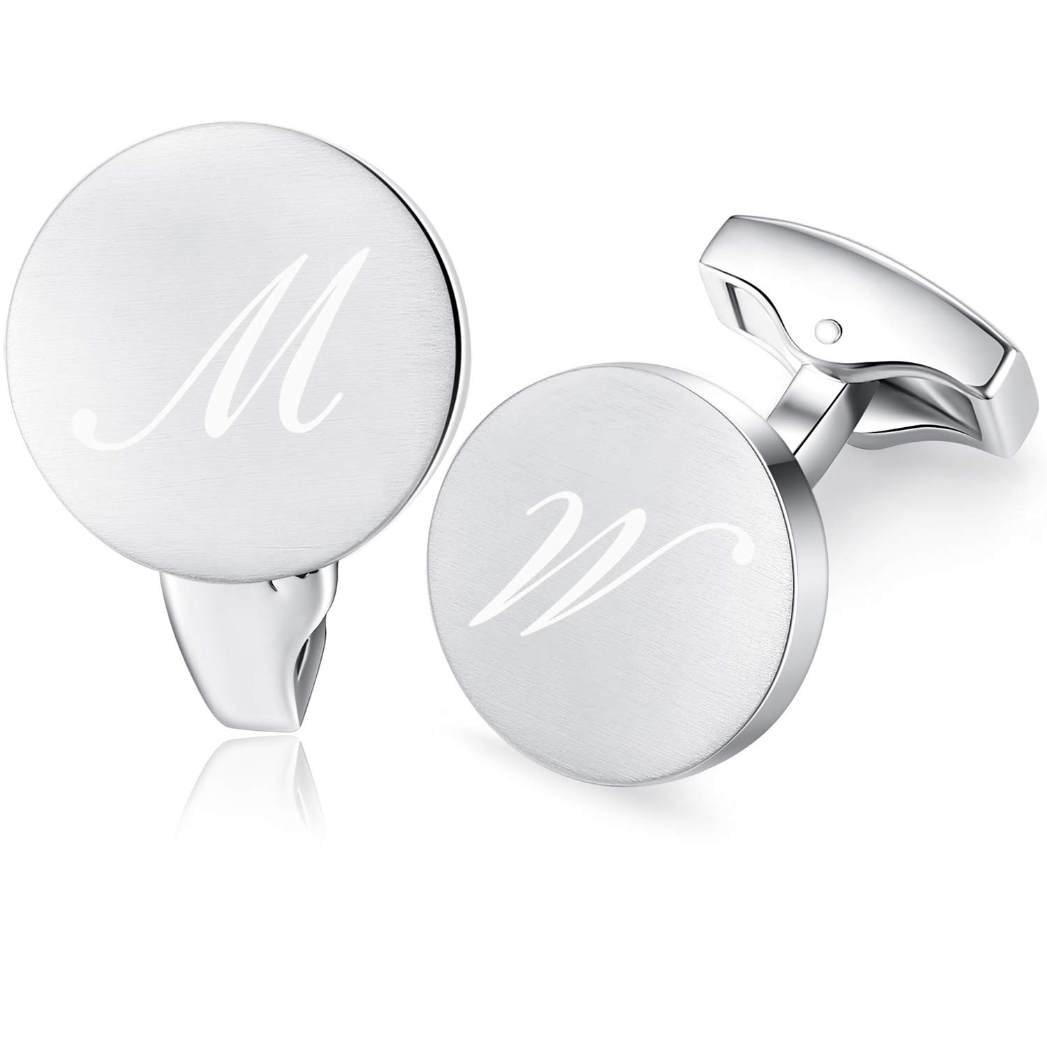 Honey Bear Initial Alphabet Letter Cufflinks for Men, Silver Round Shape Stainless Steel Wedding Business Gifts A - Z (M)