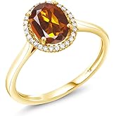 Gem Stone King 10K Yellow Gold 8X6MM Oval Gemstone Birthstone and White Diamond Halo Engagement Ring | Wedding Anniversary Promise Gold Ring For Women | Available In Size 5-10