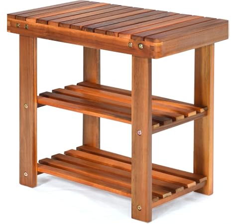 Amazon Com Patiojoy Shoe Rack Bench 3 Tier Shoe Organizer Storage Shelf Seat Made Of Sturdy Acacia Wood Wide Application Idea For Entryway Hallway Living Room Bathroom Teak Color 19 Inch Home Improvement