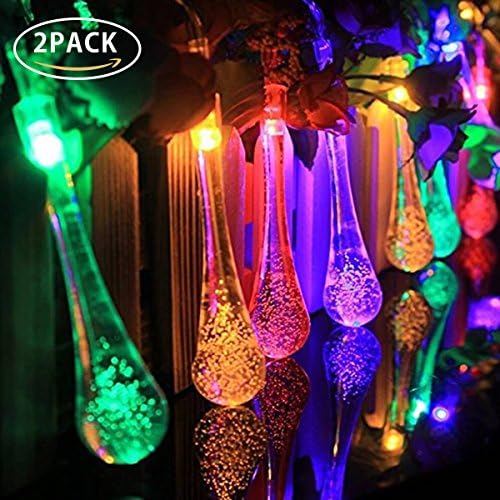 2 Pack Solar string lights, 8 Modes Waterproof 19.7ft 30 LED Waterdrop/RainDrop Lights, Solar Outdoor String Light, Ambiance Lighting for Bedroom/Patio/Garden/Parties/Wedding/Festival (Multi-color)