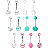 VCMART 14g 12mm & 14mm Navel Ring - Surgical Steel Belly Rings in Silver, Pink & Green for Women - Long Bar Belly Button Piercing Jewelry