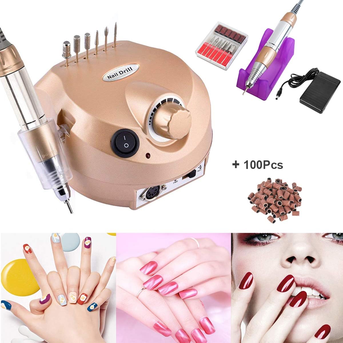 Electric Nail Drill Machine Nail File Drill Set Kit for Acrylic Nails, Buycitky with 100pcs Sanding Bands,Gel Nail, Nail Art Polisher Sets Glazing Nail Drill Fast Manicure Pedicure