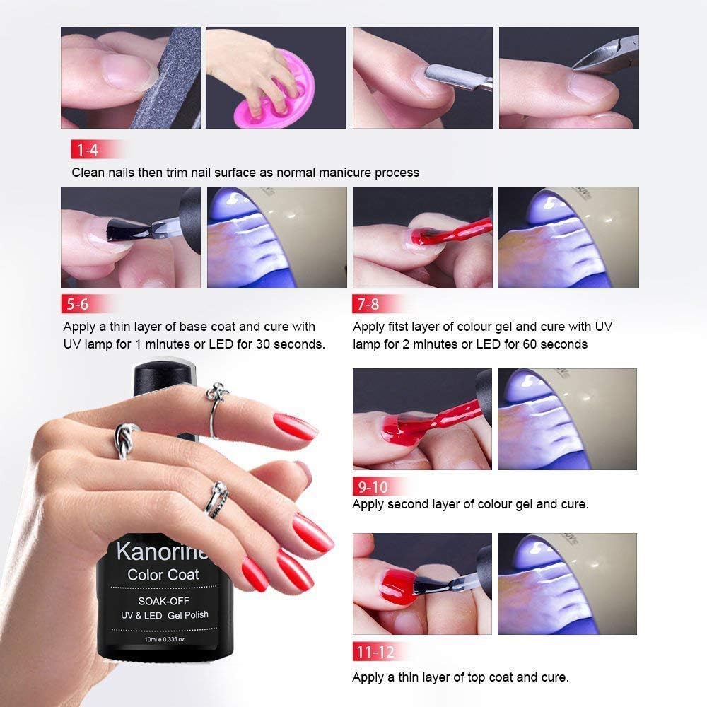 Kanorine No-Wipe Top and Base Coat Gel Nail Polish Set Soak-Off UV/LED Gel Nail Lacquer Long-Lasting Gloss and Shiny Finish- 2 x 10ml : Beauty