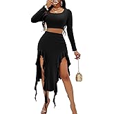 BARASA Women Summer 2 Piece Skirt Sets Comfy Ruffle Trim Irregular Split Sexy Y2k Club Party Tops Jellyfish Skirt Suits S69