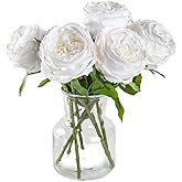 DuHouse 5Pcs Silk Roses Fake White Roses with Stems Real Touch Rose Artificial Flowers for Arrangement Wedding Party Home Decoration(White)