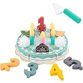 Wooden Birthday Cake Play Food Set Toys, Pretend Play Kids Tea Party Set for Little Girls Toddlers, Montessori Wooden Play Kitchen Accessories Sets for Kids (Birthday Cake)
