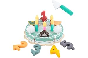 MIKNEKE Wooden Birthday Cake Play Food Set Toys, Pretend Play Kids Tea Party Set for Little Girls Toddlers, Montessori Wooden Play Kitchen Accessories Sets for Kids (Birthday Cake)