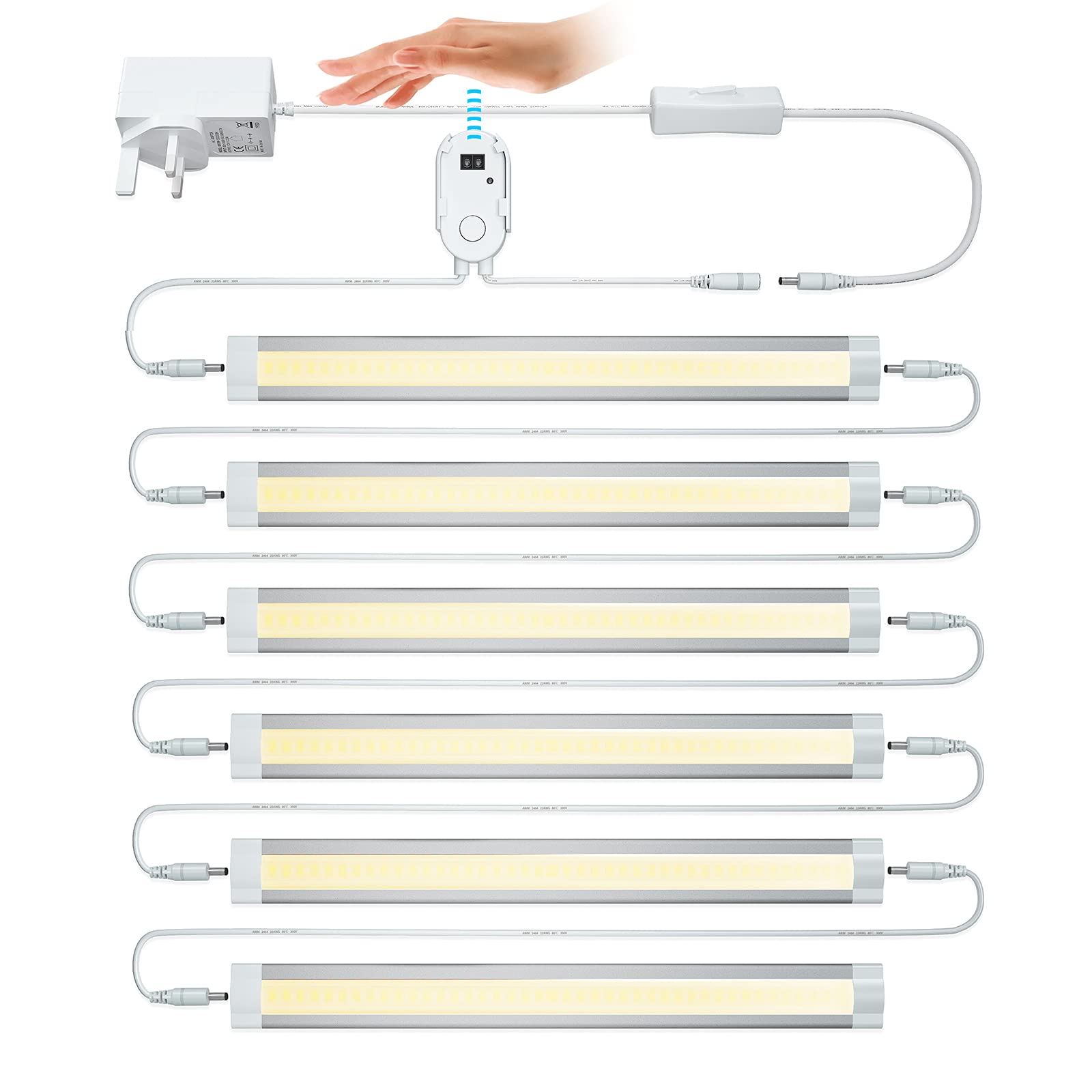 Under Cabinet Kitchen Lights Dimmable, LAMPAOUS Hand Wave Motion Sensor Light Indoor Under Cupboard Lighting, Warm White 1920LM LED Light Bar 12V DC Mains Powered for Under Counter Shelf Closet 6 Pack
