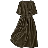 SHOPESSA Linen Dress Women Summer Cotton Short Sleeve Buttons Tie Waist Midi Dresses Casual Trendy Boho Flowy Dress