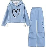 Tween Girls Clothes Hoodie Heart Print Top + Cargo Pants, Teen Girls Fall Clothing Set, Sizes 6-13 Years