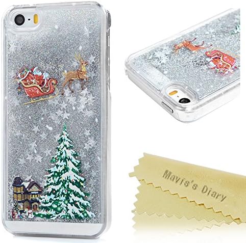 Mavis's Diary iPhone SE Case,iPhone 5S Case,iPhone 5 Case 3D Bling Flowing Liquid Design Christmas Tree Santa Claus Riding Sled Pattern Clear Case Hard PC Cover - Silver Liquid and White Stars