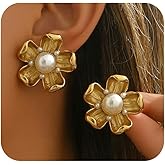 Dainty Gold Large Pearl Flowers Earrings for Women Vintage Chunky Big Pearl Floral Statement Dangle Earring Trendy Hip Hop Outfit Blossom Jewelry