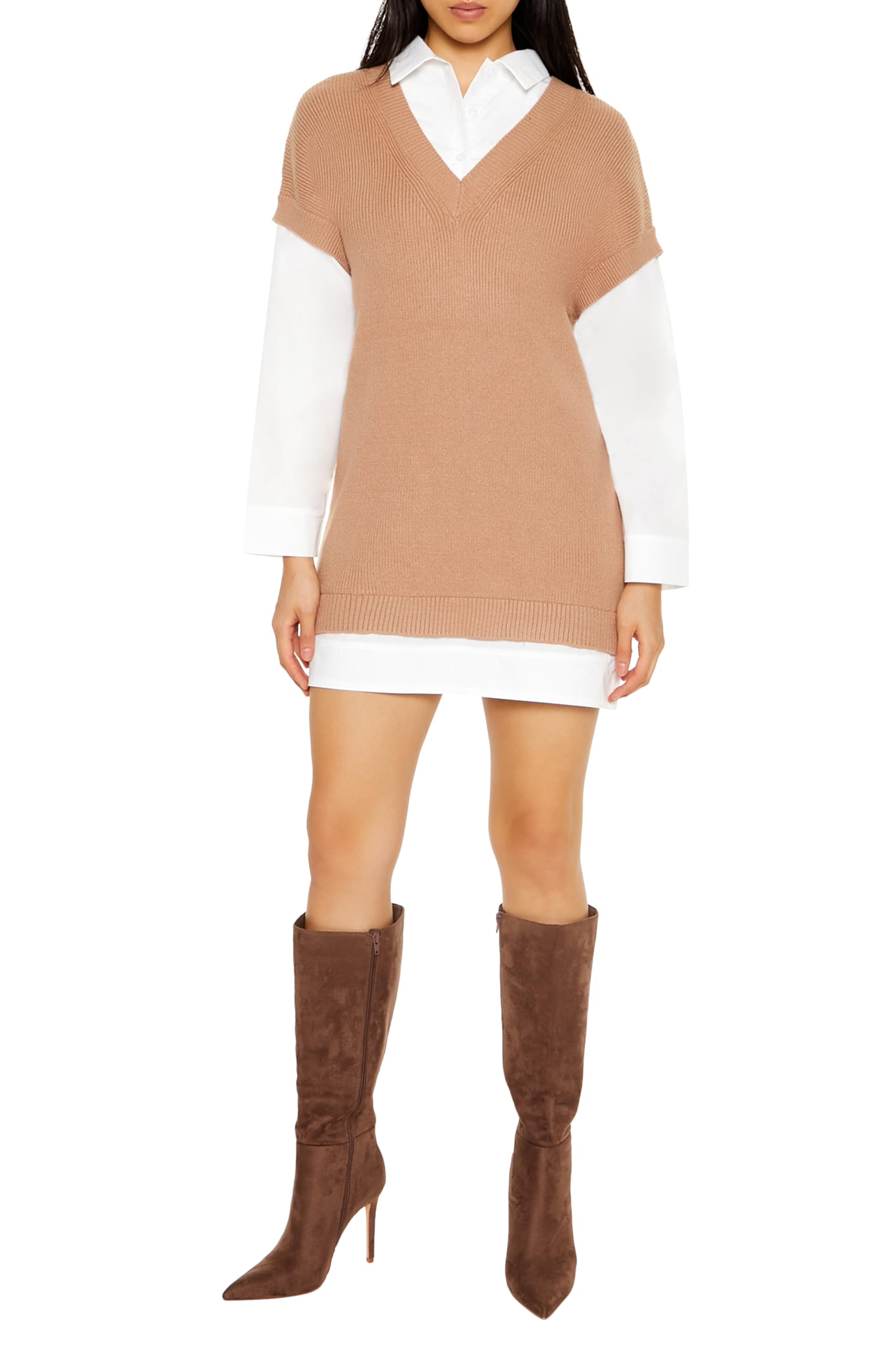 Photo 1 of Forever 21 Women's Sweater Vest & Shirt Combo Dress Taupe/White Small