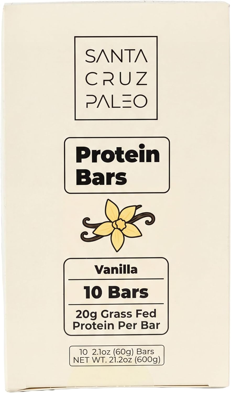 Santa Cruz Paleo Protein Bar – 20g Grass-Fed Whey & Collagen Protein – Wildflower Honey Sweetened, No Seed Oils, High Protein Snack Bar (Vanilla Flavor, Pack of 10)