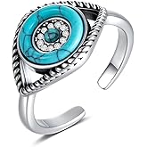 PEIMKO 925 Sterling Silver Turquoise Exquisite Evil Eye Ring with CZ Boho Style Adjustable Rings Jewelry Gifts for Women Mother