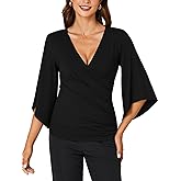 KIFOVEN Women’s 3/4 Bell Sleeve Tee Shirt Deep V Neck Wrap Ruched Slim Fit T Shirt Blouse Top