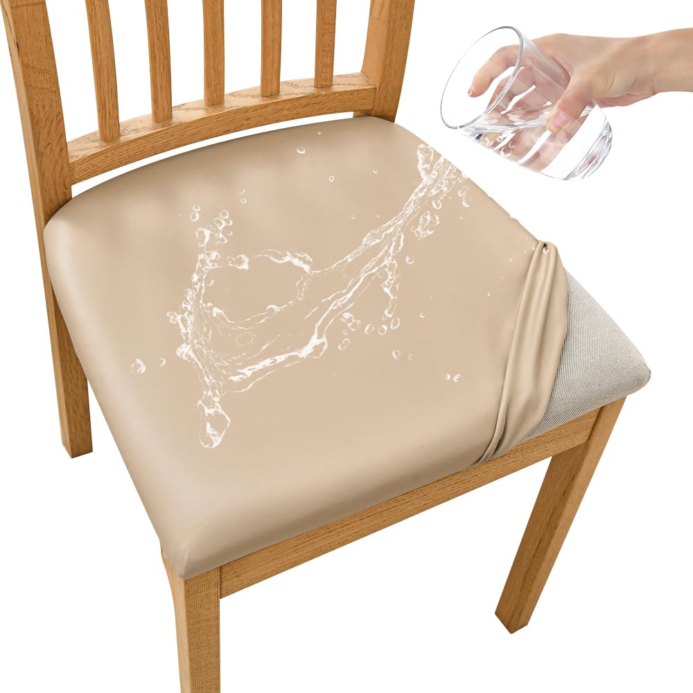 FANSU Dining Chair Seat Covers Set of 6, Pu Leather Waterproof Chair Seat Covers with Ties for Dining Room - Chair Slipcovers Removable for Wedding Party Dining Room (Beige,6pc)