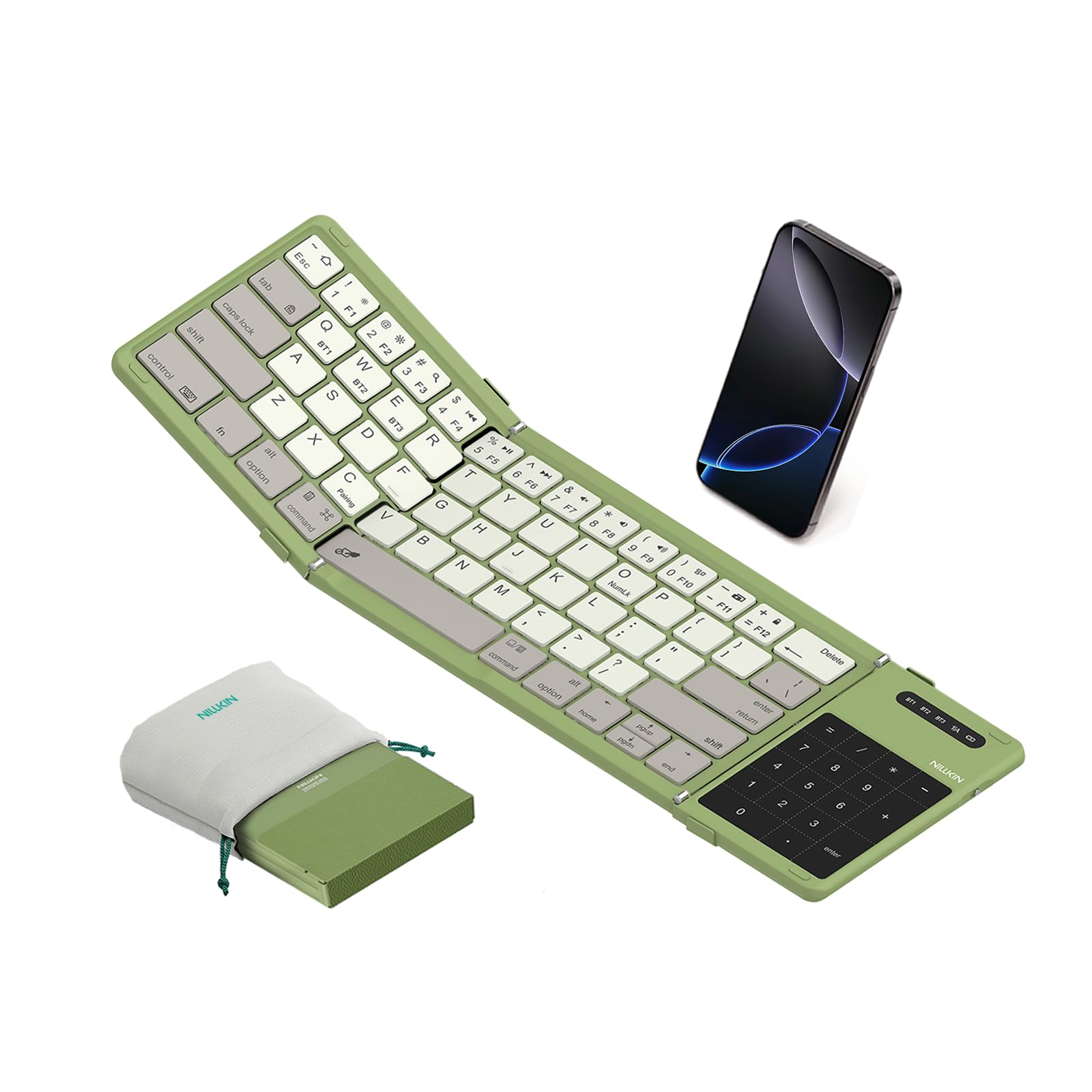 Photo 1 of Nillkin Upgraded Foldable Bluetooth Keyboard with Touchpad & Number Pad, Portable Wireless Keyboard for Travel, Pocket-Sized, Full Size Keys, Support 3 Devices for iPad Laptop Tablets Phone, Green