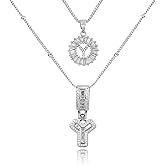 MEIITRUE Initial Letter Necklace for Women 14k White Gold Silver Plated Dainty Necklaces Trendy Chunky Custom Layered Necklace Set Personalized Round Circle Zirconia A-Z Letter Chain Pendant Jewelry Gift