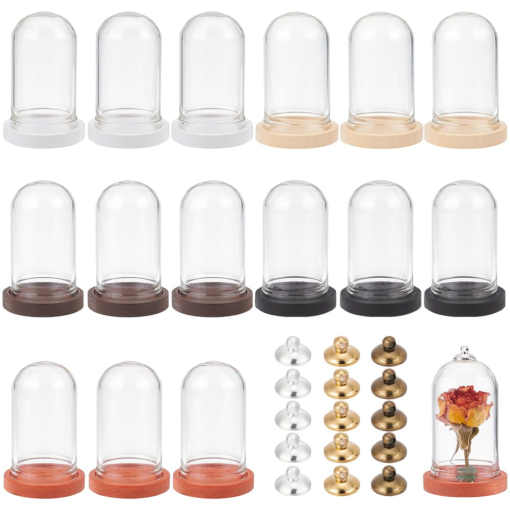 BENECREAT 15 Set Mini Eternal Flower Glass Dome Cloche with Knob, Dome Mini Cloche Bell Jar with 5 Colors Wood Base for Flower Plants, Specimens, Crafts Decorations, 44.5x25mm — image 1