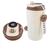 GENDLTHIJ Portable Coffee Mug, Stainless Coffee Tumbler With Temperature Display, Smart insulated coffee mug with lid fot Summer Cold Storage Car (White Brown)