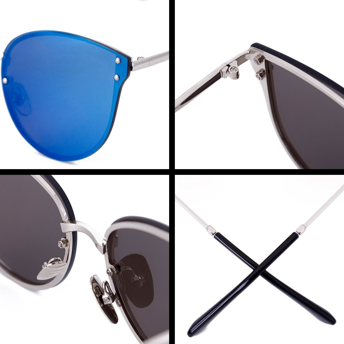 WISH CLUB Women Blue Oversized Cat Eye Sunglasses Designer Rimless Flat Mirrored Lenses Glasses