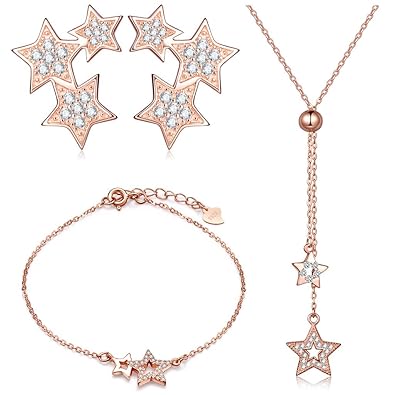 Yumilok Roségold 925 Sterling Silber Zirkonia Sterne Charm Armband Halskette Ohrstecker Schmuck Set Armkette Kette Ohrringe S